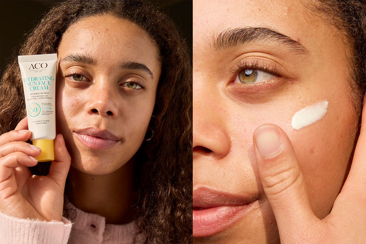Tvådelad bild där en person håller upp en tub ACO Hydrating Sun Face Cream SPF 50 med texten “Invisible on skin”, “For everyday use works well under make-up”, “High protection 50” och “For sensitive skin unperfumed”, samt en närbild där en klick solkräm appliceras på kinden med ett finger. Fokus på ansiktsvård och solskydd för daglig hudvårdsrutin.