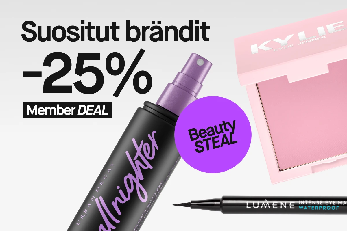 Suositut brändit -25% Member DEAL. Kuvassa kolme kauneustuotetta: Urban Decay All Nighter Makeup Setting Spray, Lumene Intense Watercolor Eyeliner ja Kylie Jenner poskipuna.