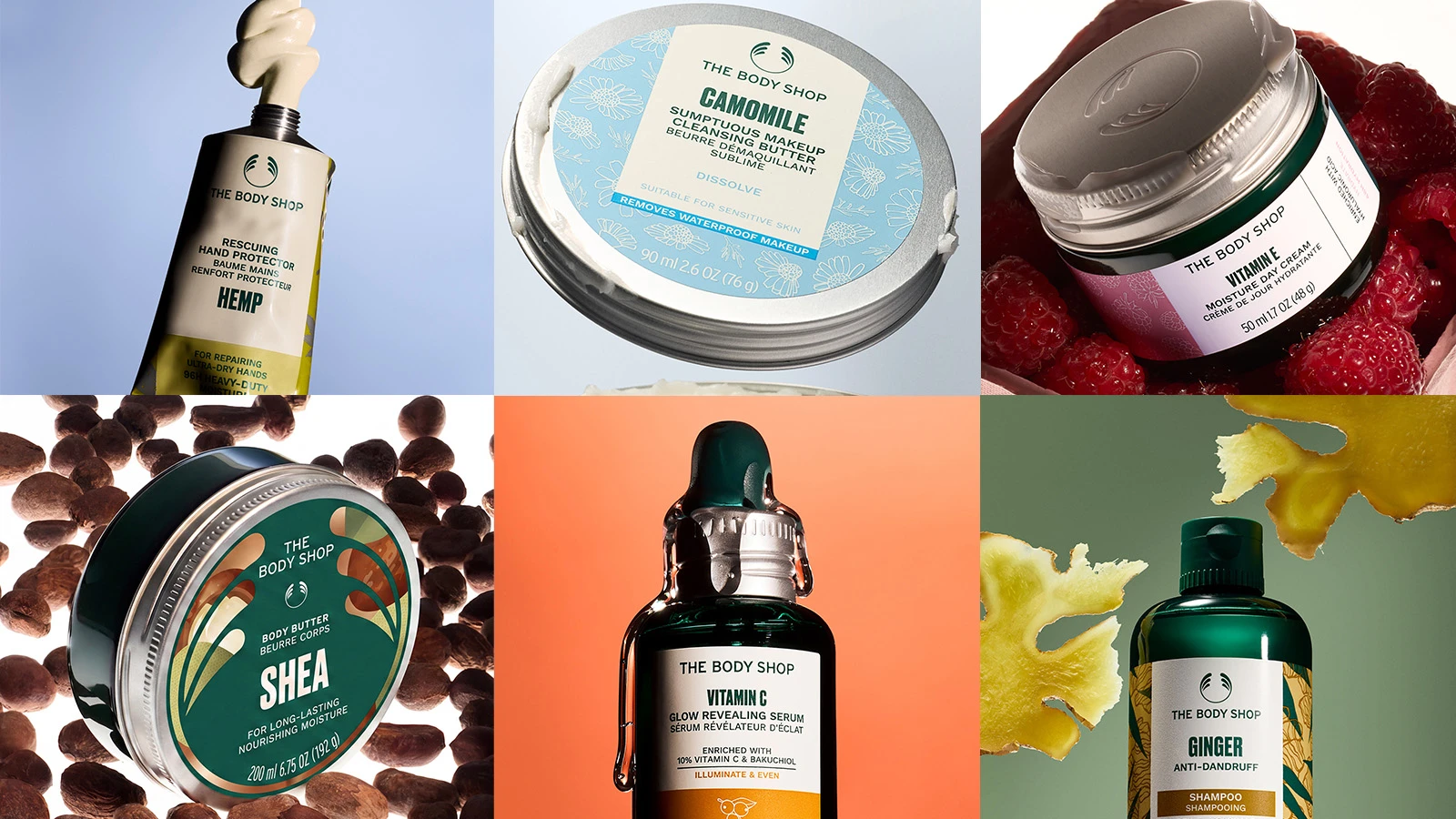 Seks produkter fra The Body Shop, som hamp håndkrem, kamille sminkefjerner og E-vitamin dagkrem.