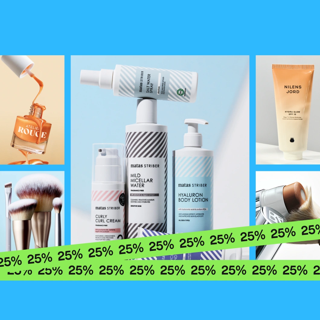 Kampanjbild med texten “Prisvärd beauty 25%” och en grön cirkel med “Pre-summer DEALS”, som visar flera produkter som sminkborstar, hudvård från Matas Striber och “Nilens Jord Hydra Glow SPF 15”, samt en grön banderoll med upprepad “25%”.