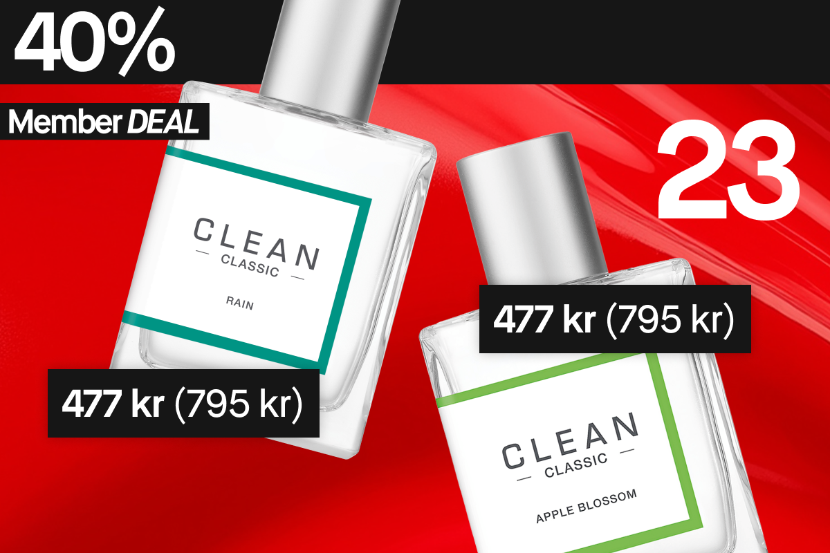 Två CLEAN Classic-parfymer placerade mot en glansig röd bakgrund, med tydliga prislappar och medlemsrabatt som lyfter fram 40 % erbjudande.