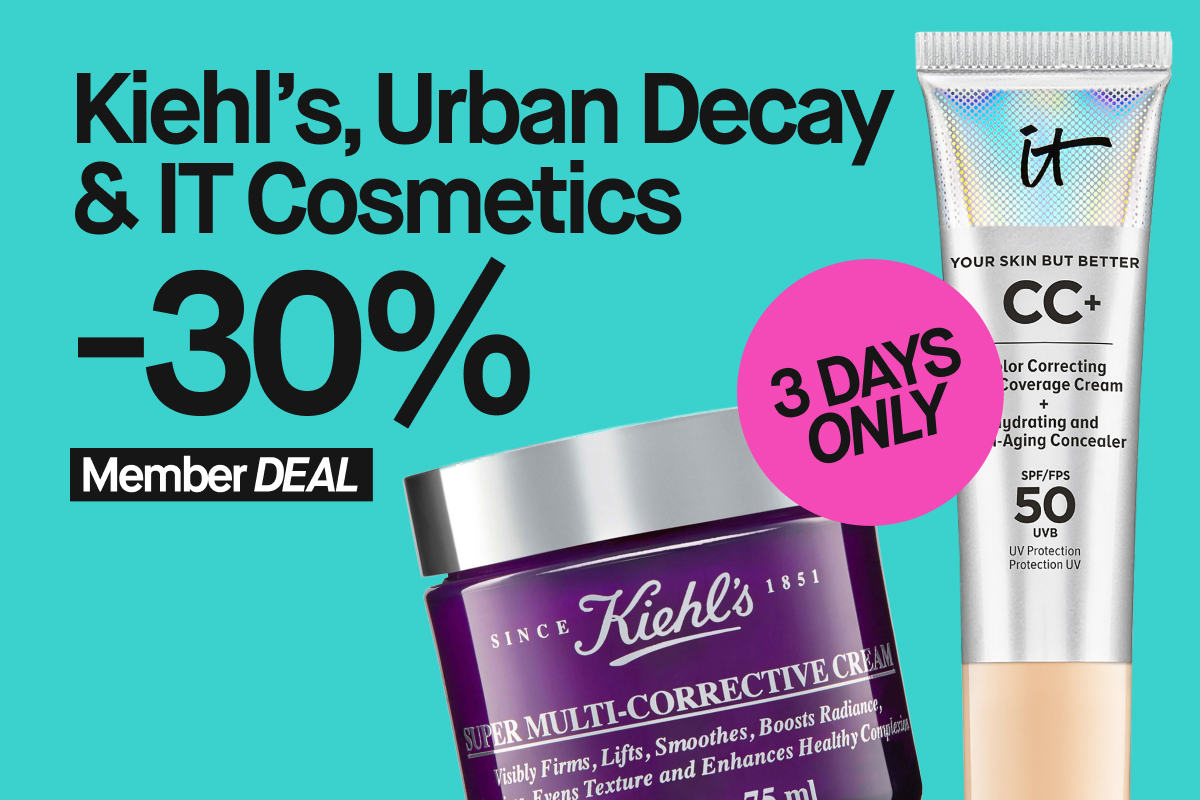 Kiehl's, Urban Decay & IT Cosmetics -30% alennuksella. Kuvassa Kiehl's Super Multi-Corrective Cream ja IT Cosmetics CC+ Color Correcting Coverage Cream. 3 Days Only -tarra näkyvissä.