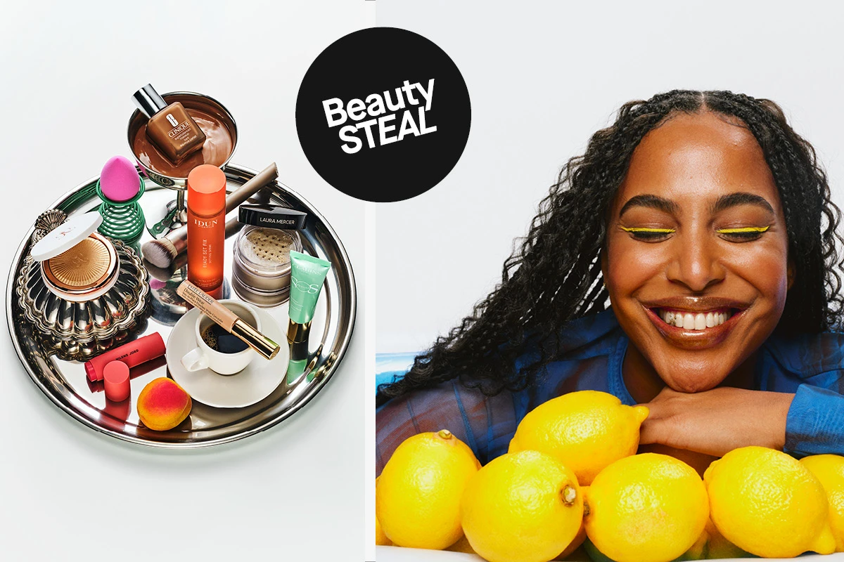 En bricka fylld med skönhetsprodukter som smink och hudvård bredvid texten ”Beauty Steal”, samt en leende kvinna med gul eyeliner som vilar hakan på händerna bakom en rad citroner.