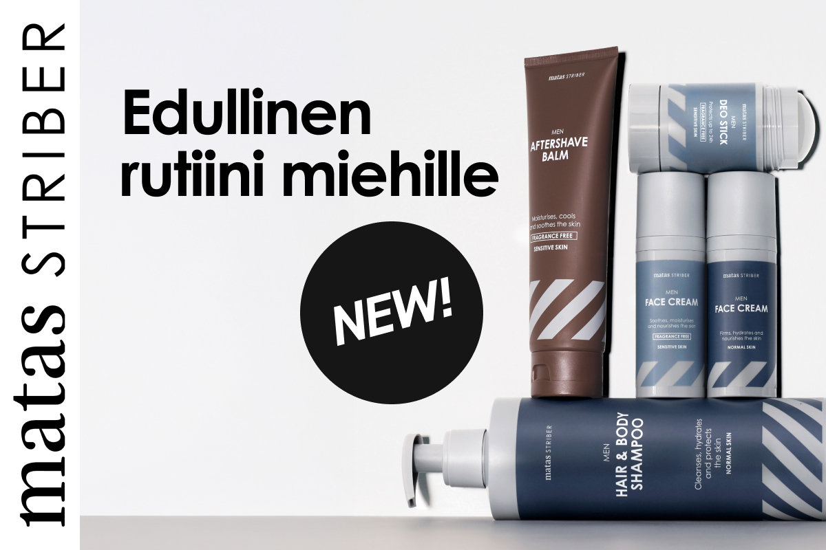 Matas Striber MEN -tuotteita aseteltuna vaaleanharmaata taustaa vasten, jossa on hillittyjä vinoraitoja. Tuotteissa näkyvät tekstit sisältävät "2-IN-1 BEARD SHAMPOO", "ANTI-AGE FACE SERUM", "DEO STICK", "INVISIBLE FLUID FACE CREAM SPF" ja "HAIR & BODY SHAMPOO".