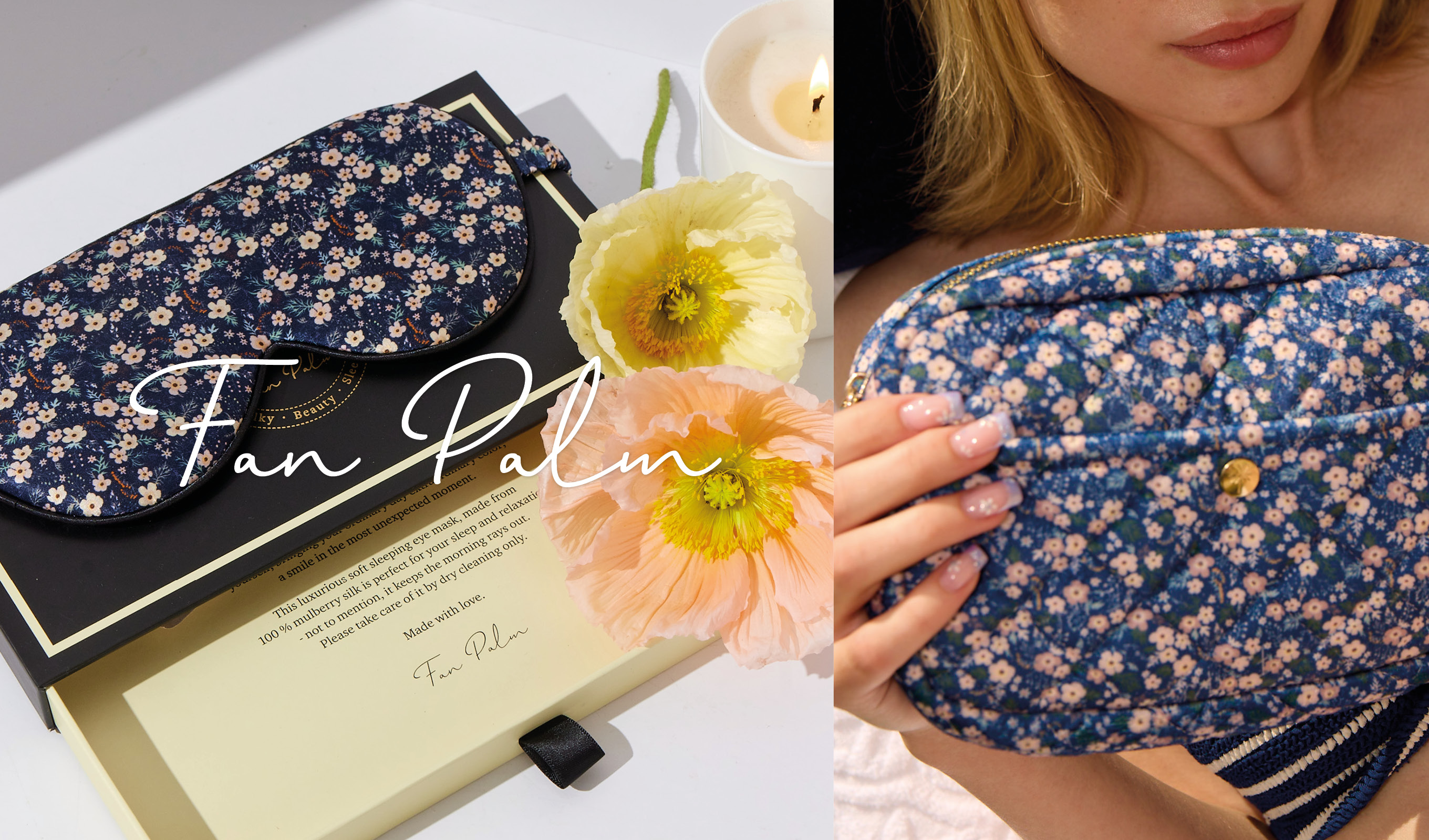 En lyxig sovmask och en necessär från märket Fan Palm. Sovmasken är mörkblå med ett blommönster och ligger på en elegant förpackning tillsammans med två färgglada blommor. Till höger håller en kvinna i necessären, som har samma blommönster som sovmasken.