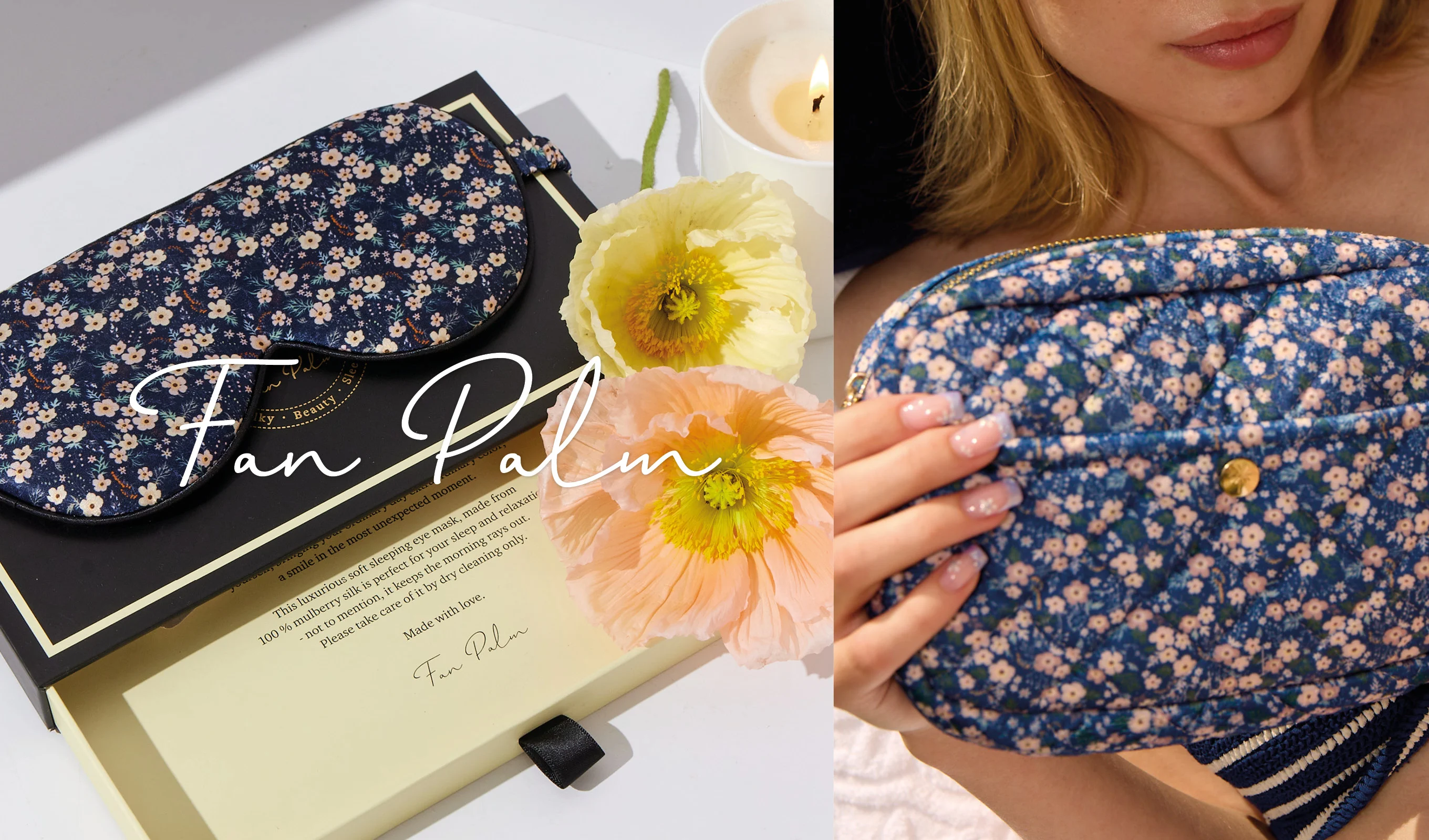 En lyxig sovmask och en necessär från märket Fan Palm. Sovmasken är mörkblå med ett blommönster och ligger på en elegant förpackning tillsammans med två färgglada blommor. Till höger håller en kvinna i necessären, som har samma blommönster som sovmasken.