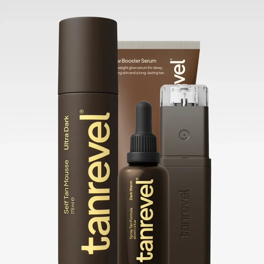 Tanrevel itseruskettavat tuotteet: Ultra Dark -vaahto, Glow Booster -seerumi, Dark Warm -suihkekaava, suihkelaite.