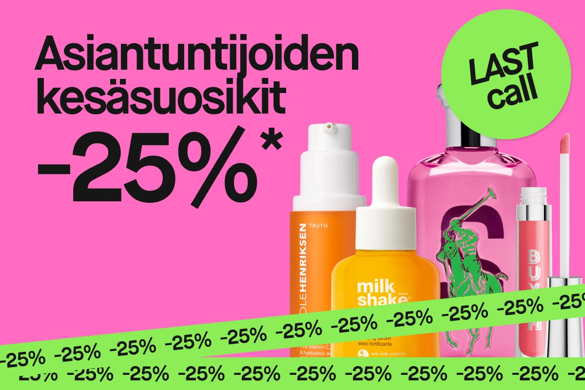 Vaaleanpunainen kampanjabanneri, jossa tekstit "Experternas sommarfavoriter 25%*" ja vihreässä ympyrässä "LAST call". Ole Henriksen Banana Bright Vitamin C Serum, milk_shake Incredible Serum, vaaleanpunainen ratsastajakuviolla varustettu hajuvesipullo ja Buxom-huulikiilto näkyvät vihreän, toistuvaa "25%"-tekstiä sisältävän nauhan edessä, mikä korostaa kauneustuotteiden alennuskampanjaa.