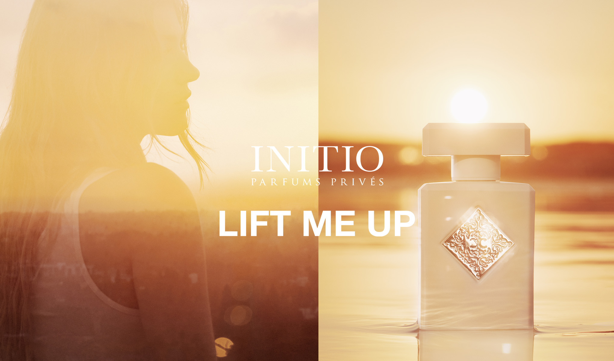Gyllene kampanjbild med parfymflaska från INITIO Parfums Privés placerad i vatten vid solnedgång. Till vänster syns en kvinnlig silhuett i varmt ljus och texten ”Lift Me Up”.