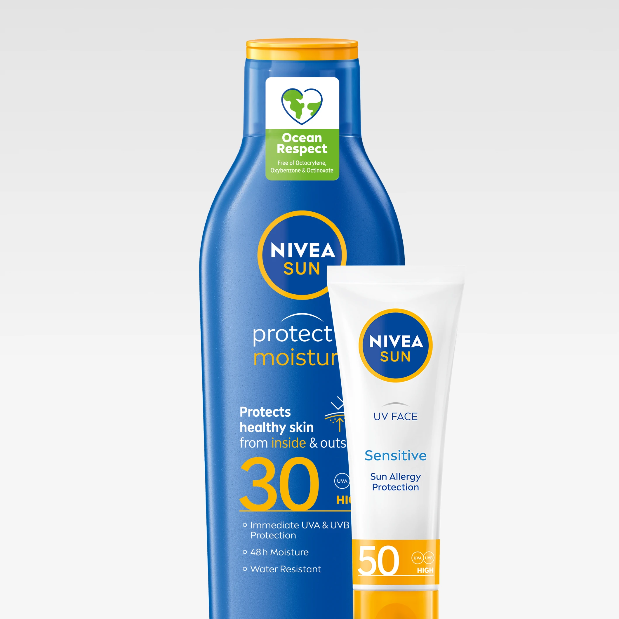 NIVEA Sun Protect & Moisture SPF 30 med texten “Ocean Respect” och “Protects healthy skin from inside & outside” tillsammans med NIVEA Sun UV Face Sensitive Sun Allergy Protection SPF 50.