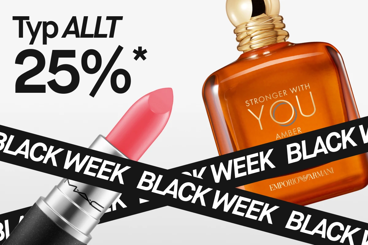 Medlemmar får 25 % rabatt på alla produkter under Black Week-erbjudandet. Bilden visar ett läppstift och en Emporio Armani-parfym.