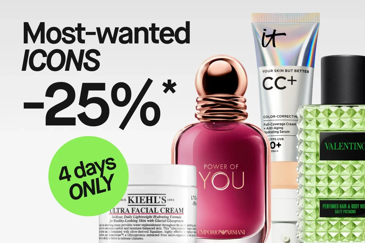 Kampanjakuvassa näkyvät tekstit ”Populära brands 25%*” ja turkoosi merkintä ”4 days ONLY”. Kiehl’s Ultra Facial Cream, Emporio Armani Power of You, IT Cosmetics ”YOUR SKIN BUT BETTER CC+” ja Yves Saint Laurent -parfyymi on esitetty vaaleanharmaalla taustalla osana kauneuden kampanjatarjousta.