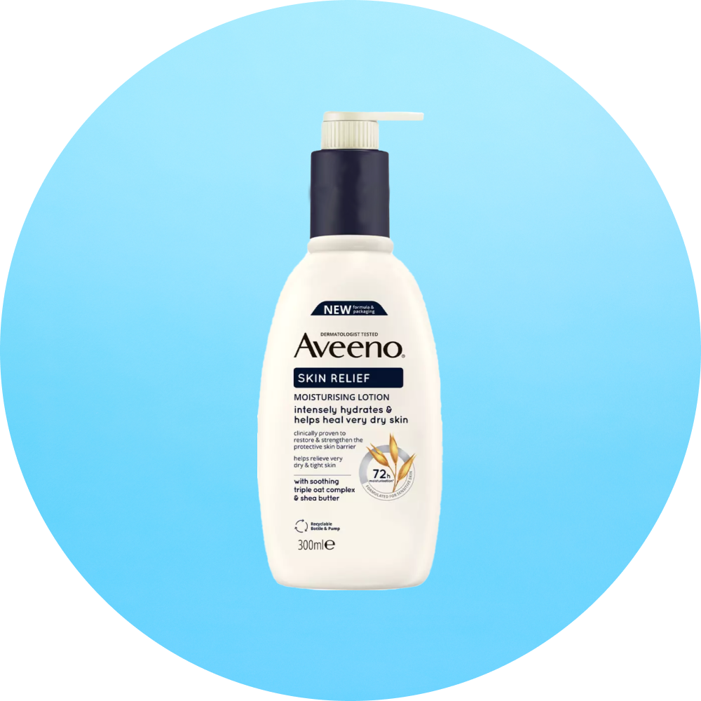 Flaska med Aveeno Skin Relief återfuktande lotion för mycket torr hud.