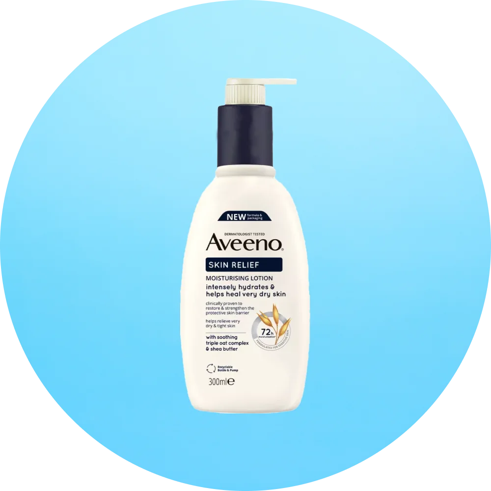 Flaska med Aveeno Skin Relief återfuktande lotion för mycket torr hud.
