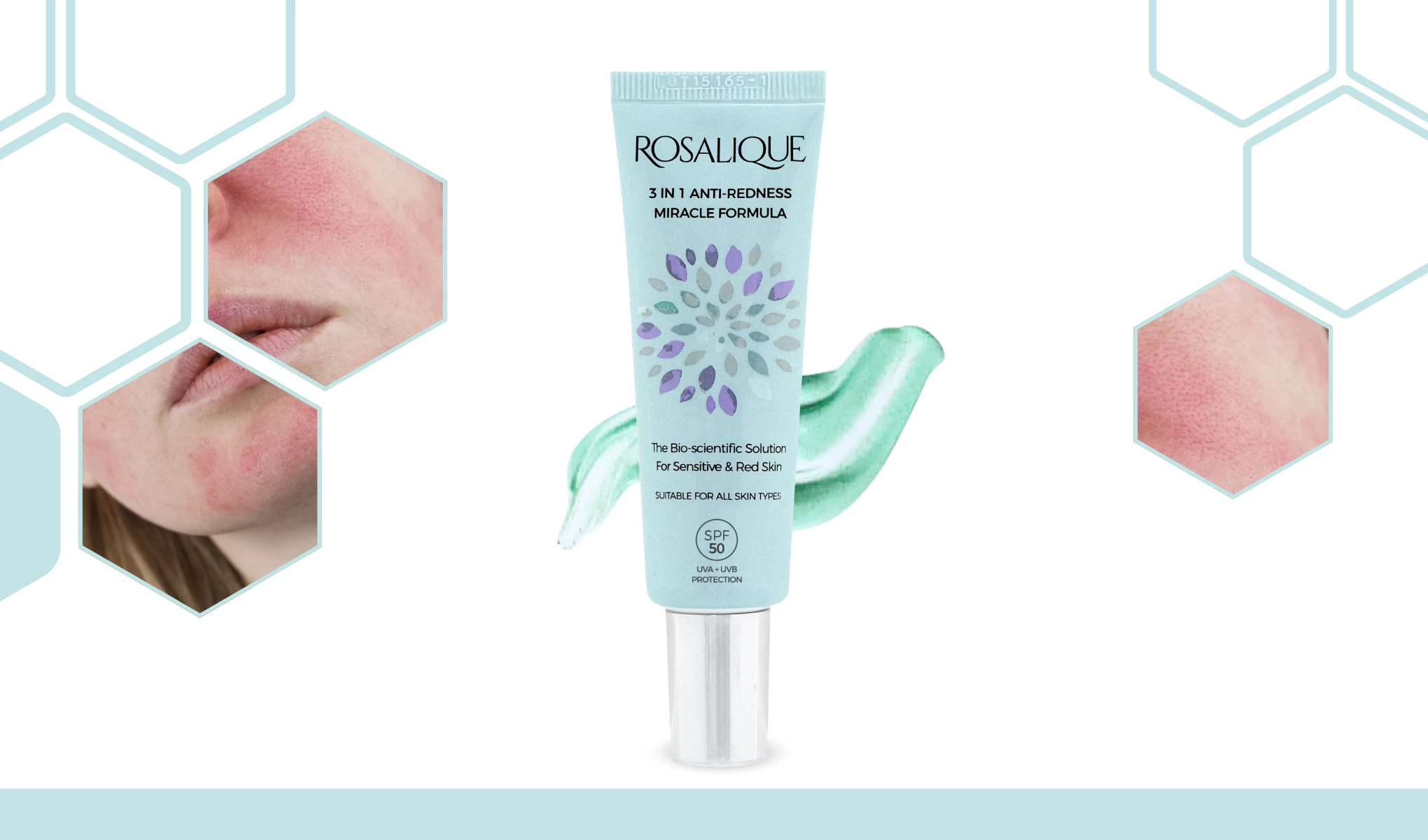 Mintunvihreä Rosalique 3-in-1 Anti-Redness Miracle Formula -tuubi on keskellä kuvaa, ympärillään kuusikulmaisia kehyksiä, joissa näkyy lähikuvia punaisesta ja herkistyneestä ihosta – havainnollistaen tuotteen käyttötarkoitusta.