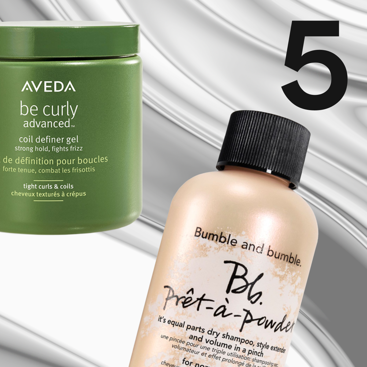 En beige flaske og en grønn beholder med hårpleieprodukter fra Aveda og Bumble and Bumble mot metallisk sølvbakgrunn.