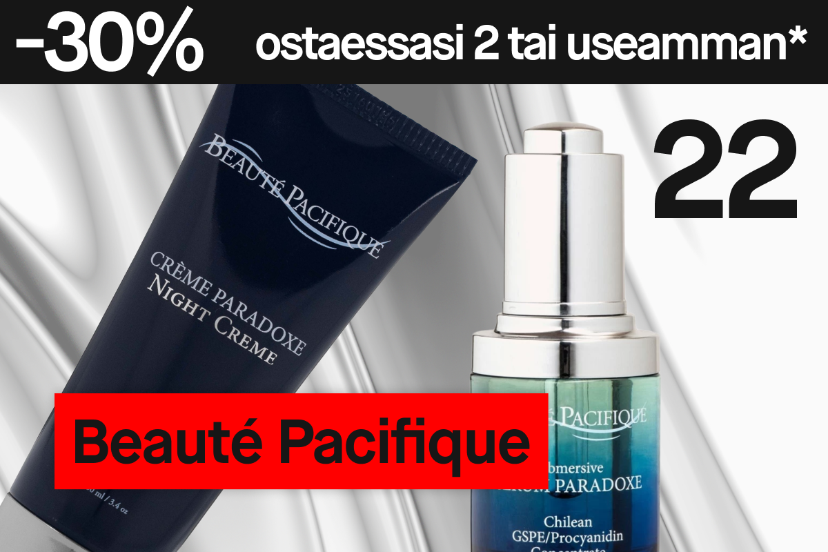 Beauté Pacifique -ihonhoitotuotteet – Crème Paradoxe -yövoide ja seerumi – hopeisella taustalla ja teksti “30% ostaessa 2”.