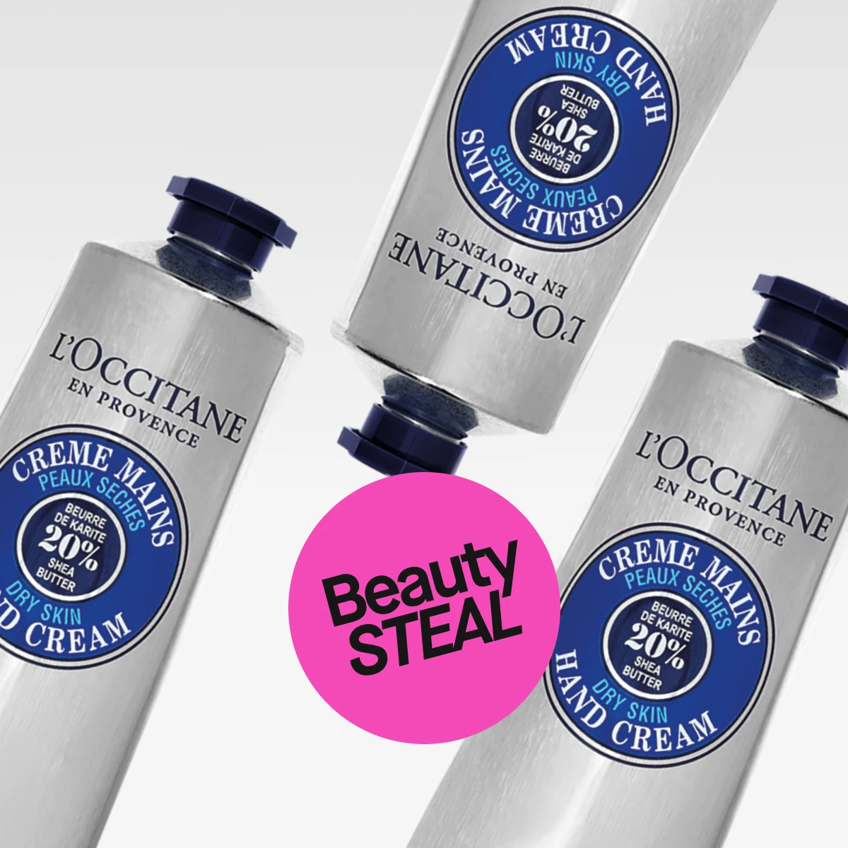L'Occitane ihonhoitotuotteet, mukaan lukien Almond Shower Oil ja Shea Butter Hand Cream, valkoista taustaa vasten.