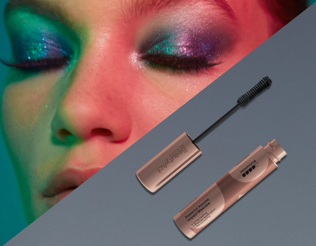 Närbild av ögon med glittrig lila ögonskugga och en BeautyAct-sminkprodukt placerad nedanför.