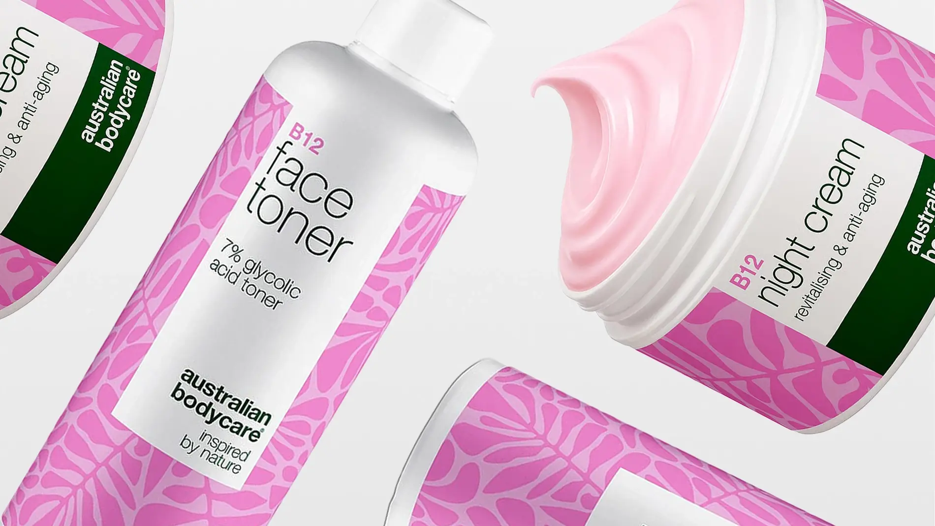 Australian Bodycare B12 ansiktsvatten och nattkräm. Rosa och vit förpackning, nattkrämen visar rosa kräm.