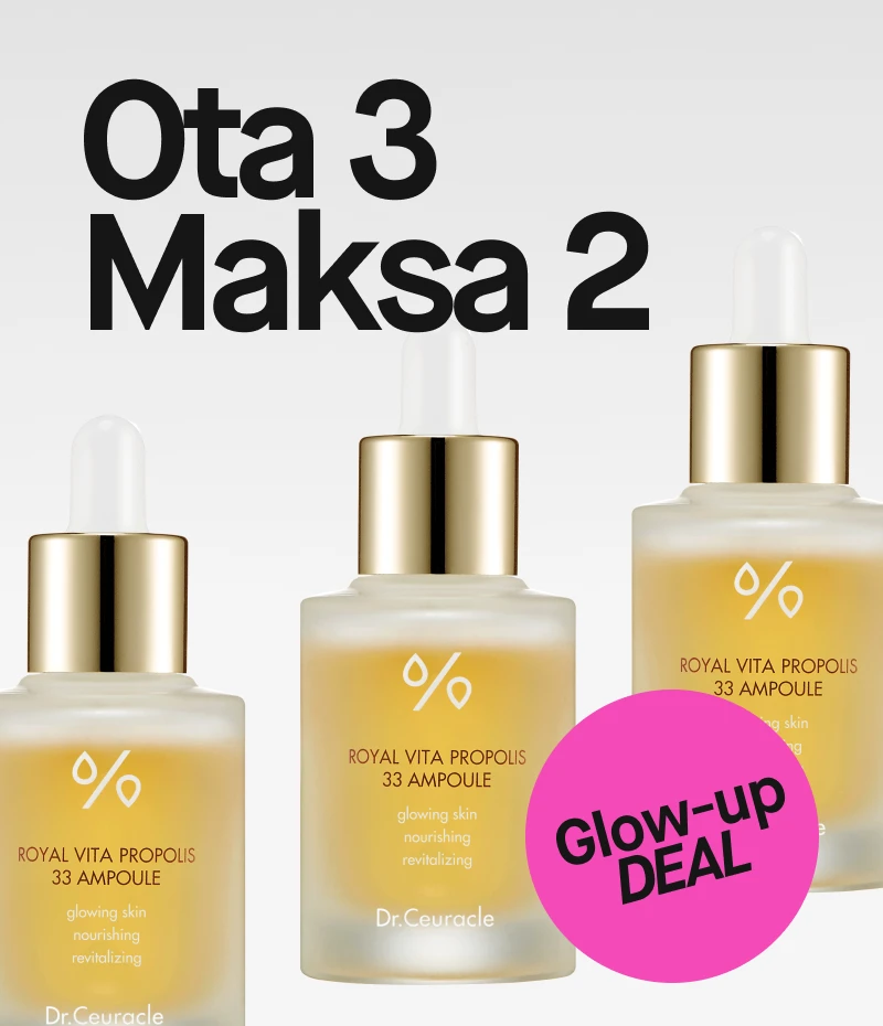 K-beauty tarjous: Osta 3, maksa 2. Kuvassa kolme Dr.Ceuracle Royal Vita Propolis 33 Ampoule -pulloa. Glow-up DEAL -tarra.