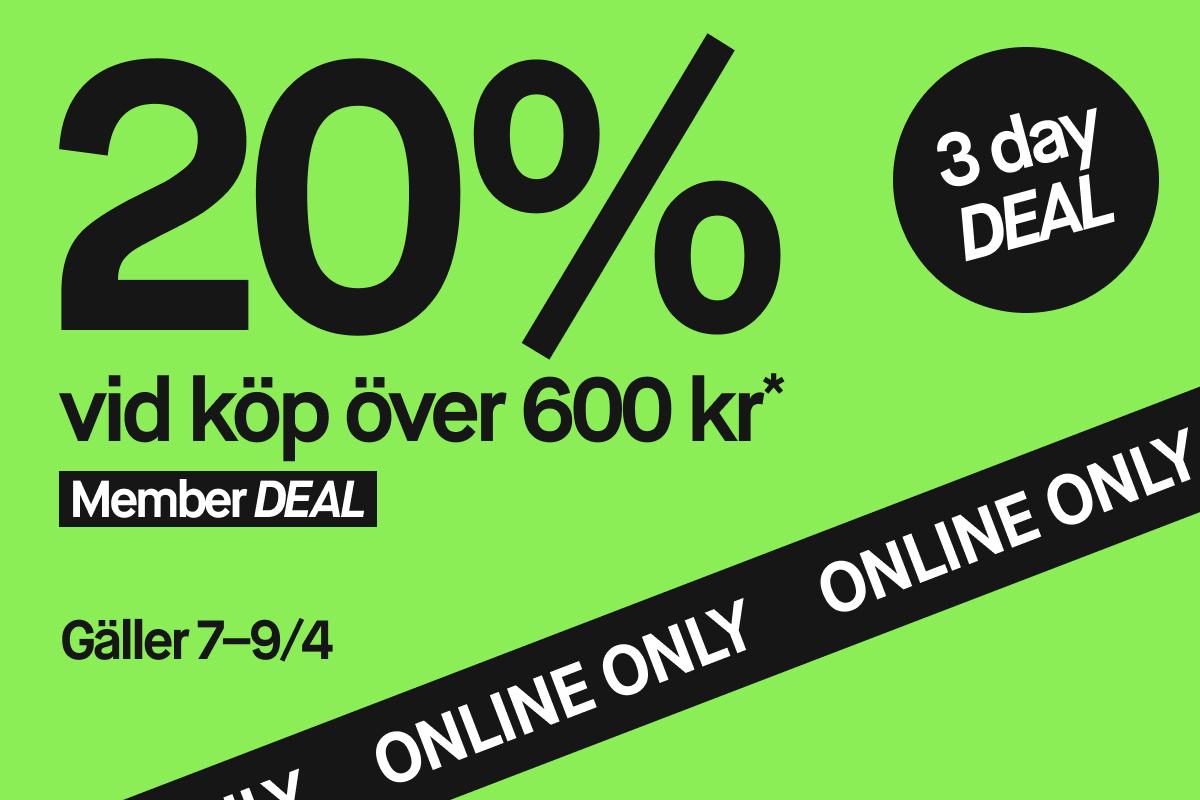 Grön kampanjbild med text “20% vid köp över 600 kr*”, “Member DEAL”, “Gäller 7–9/4”, cirkel med “3 day DEAL” och diagonalt svart band med “ONLINE ONLY”.