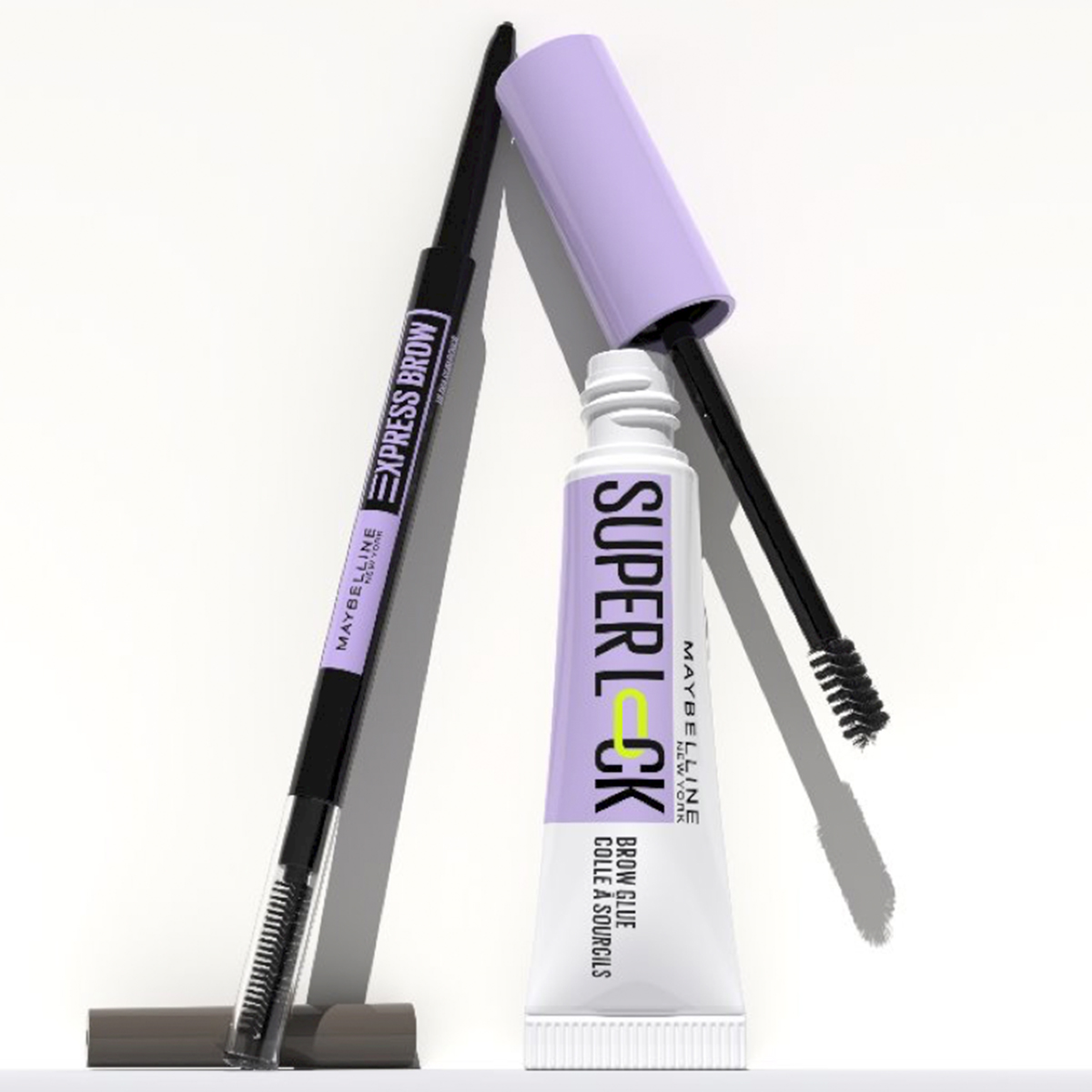 Två ögonbrynsprodukter från Maybelline placerade mot en vit bakgrund.