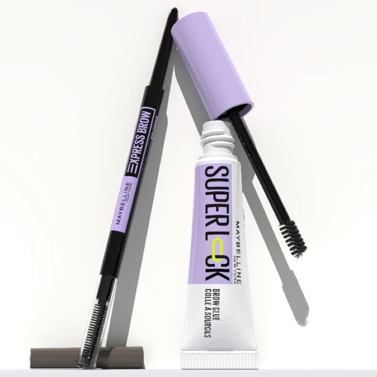 Två ögonbrynsprodukter från Maybelline placerade mot en vit bakgrund.