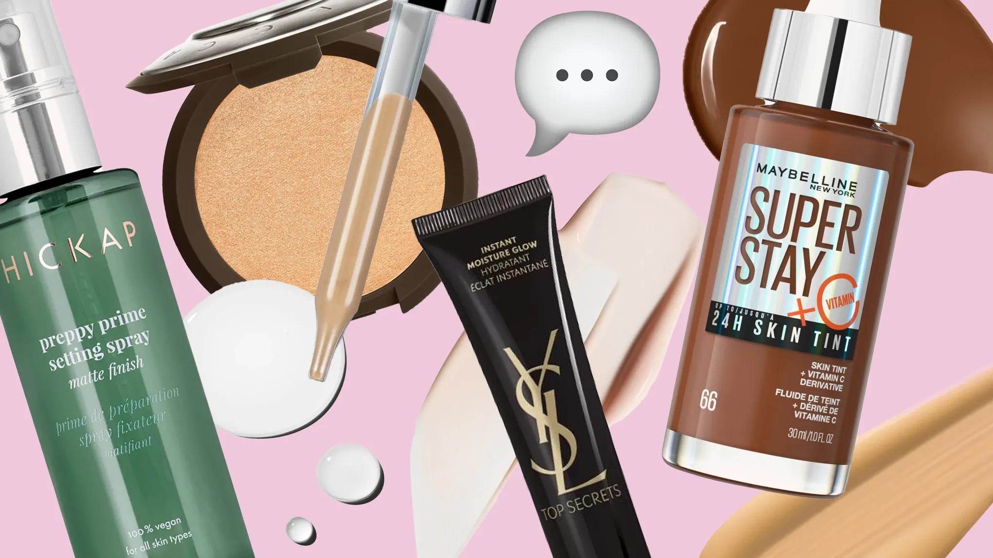 Sortiment av sminkprodukter, bl.a. setting spray, highlighter, fuktkräm och foundation i olika nyanser.