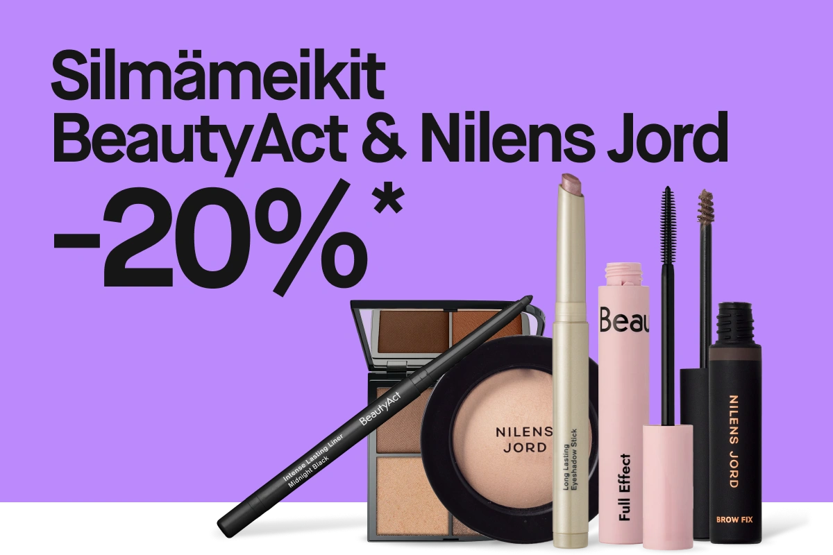 Teksti “Ögonmakeup BeautyAct & Nilens Jord 20%*” näkyy yhdessä silmämeikkituotteiden kanssa: luomiväripaletti, eyeliner, puuteri, Long Lasting Eyeshadow Stick, Full Effect -ripsiväri ja Brow Fix.