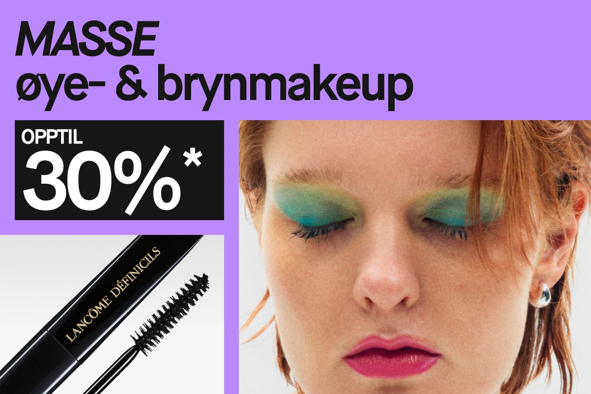 Teksten “MASSOR av ögon- & brynmakeup UPP TILL 30%*” vises sammen med Lancôme Définicils mascara og en person med grønn øyenskygge og rosa leppestift.