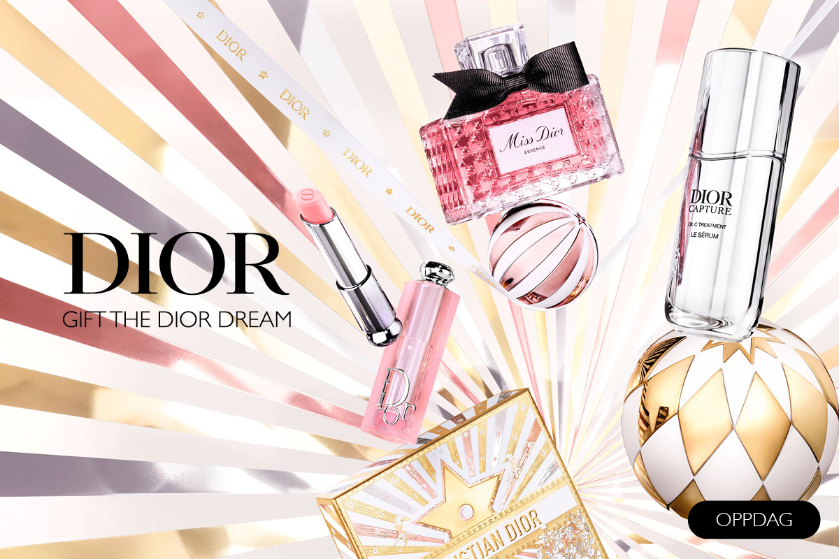 Dior-produkter inkludert Miss Dior parfyme, Dior leppestift og Dior Capture serum, arrangert på en fargerik bakgrunn med strålende linjer.