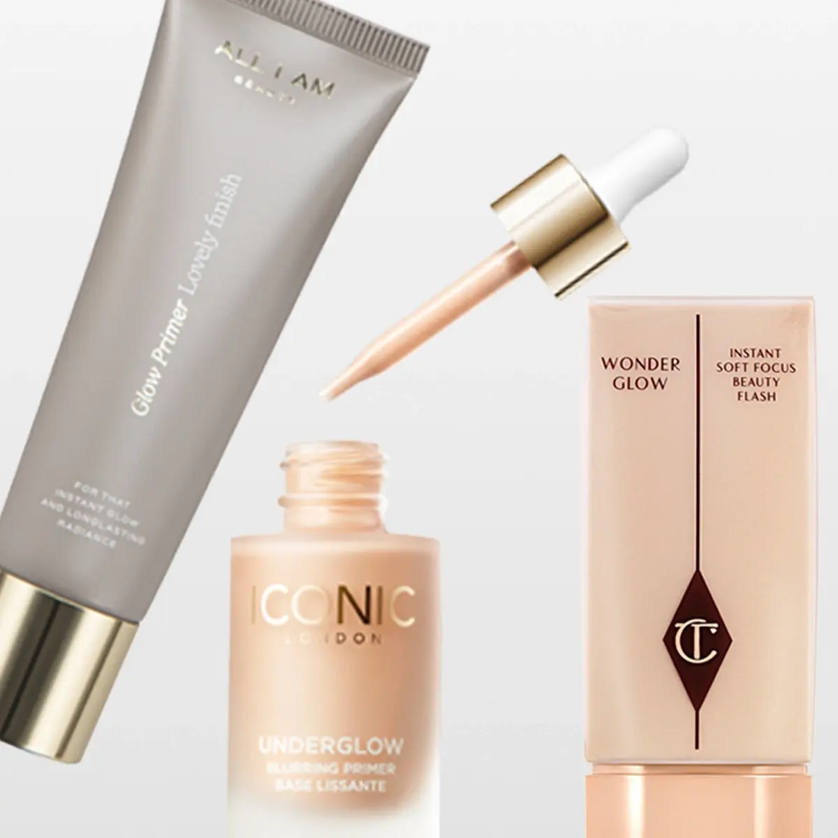 Tre glow-produkter mot lys bakgrunn. En grå tube merket «Glow Primer Liquid», en glassflaske med pipette merket «ICONIC London Underglow Blurring Primer» med pipetten over åpningen, samt en rosa flaske merket «Wonder Glow Instant Soft Focus Beauty Flash».