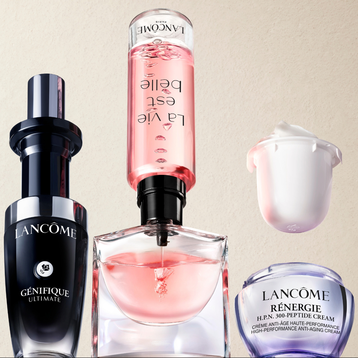 Lancôme-ihonhoitotuotteita vaaleaa taustaa vasten: Génifique Ultimate -seerumi, ylösalaisin oleva La Vie Est Belle -pullo täytössä sekä Rénergie H.P.N. 300-Peptide -voide ja täyttökapseli.