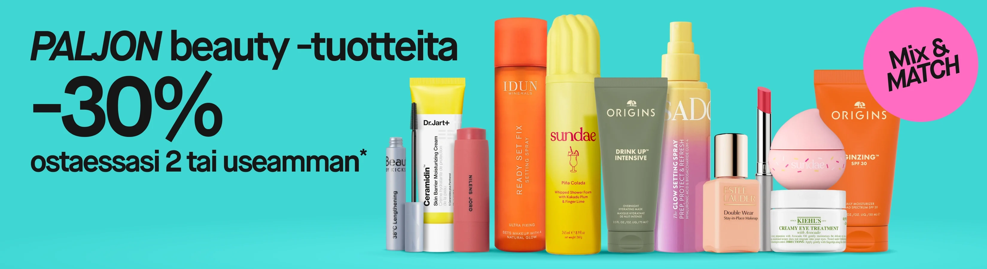 Kampanjakuva, jossa näkyvät tekstit "MASSOR av beauty 30% vid köp av 2 eller fler*" ja "Mix & MATCH". Kuvassa näkyy kauneustuotteita muun muassa merkeiltä BeautyAct, Dr.Jart+, Nilens Jord, IDUN Minerals, SUNDAYE, Origins, SADA, Estée Lauder ja Kiehl's, ja pakkauksissa näkyvät tuotenimet.