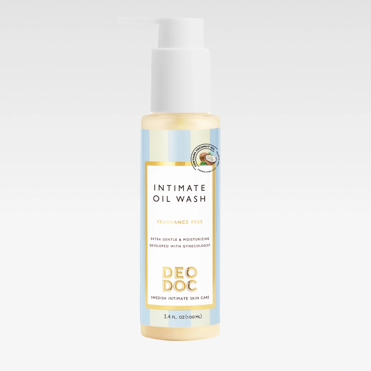Pumpeflaske fra DeoDoc med teksten “INTIMATE OIL WASH” og “FRAGRANCE FREE”. Den viser “extra gentle & moisturizing, developed with gynecologist” og “100 ml / 3.4 fl. oz”.