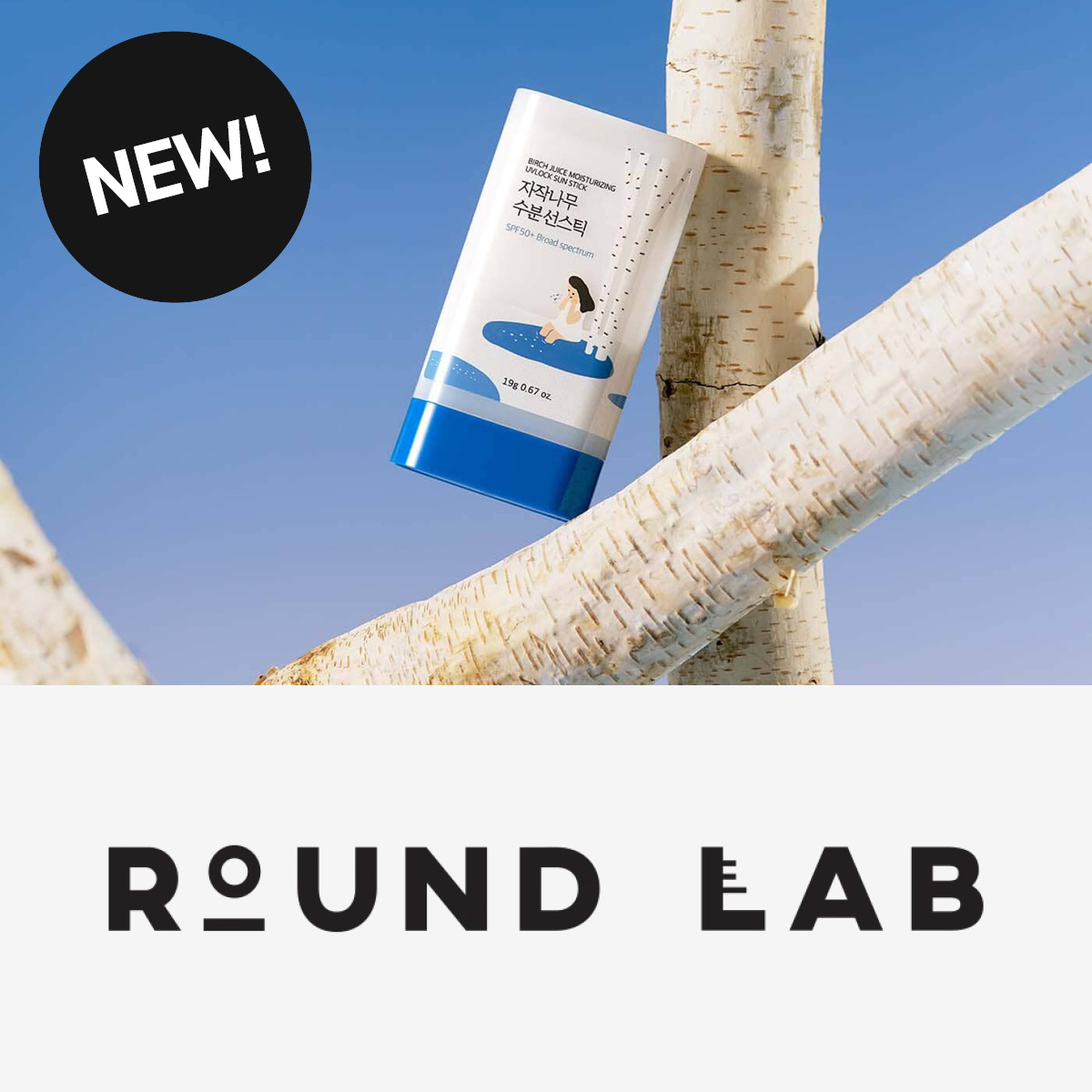 Round Lab Birch Juice Moisturizing Sun Stick SPF50+ aurinkosuojapuikko koivun oksalla.