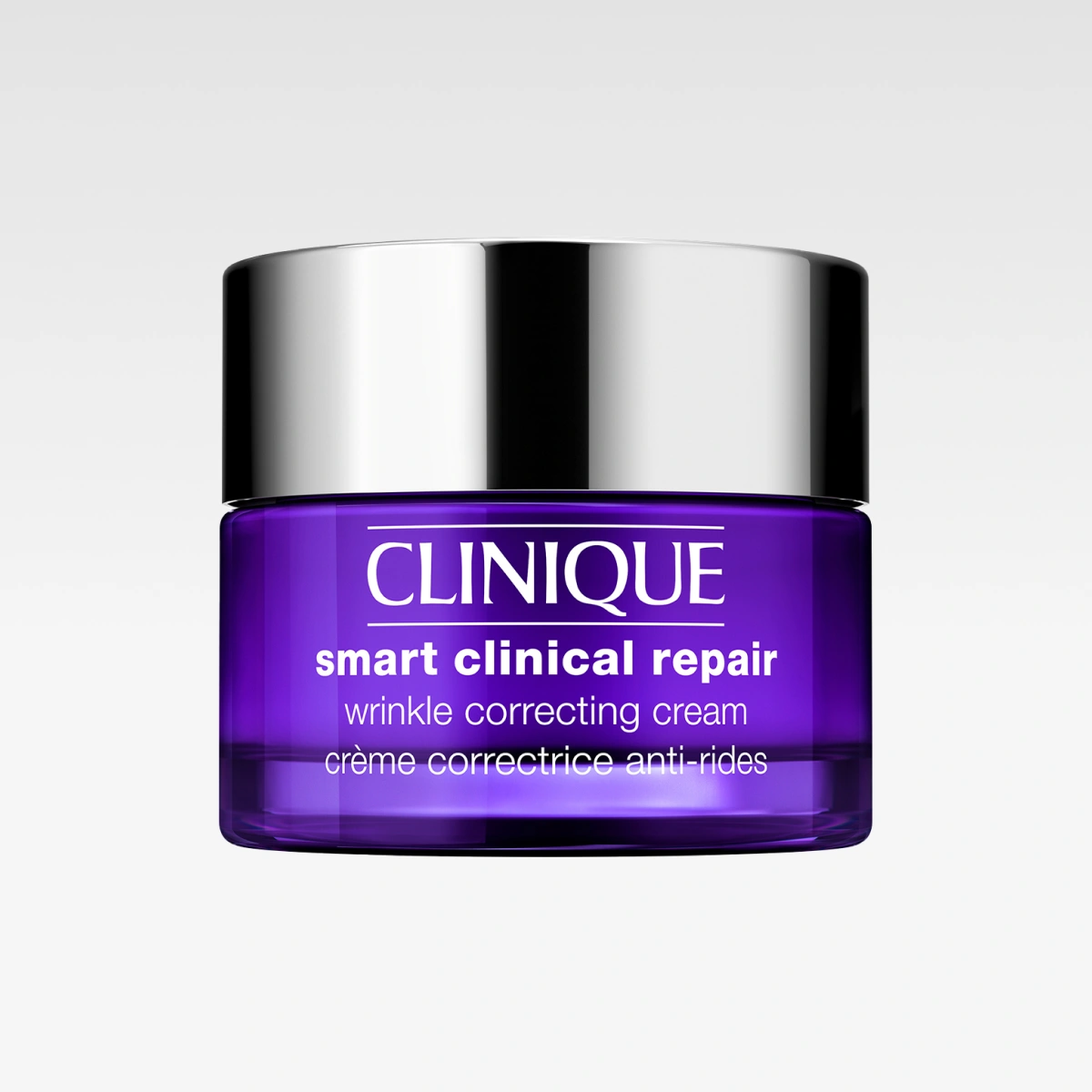 Violetti purkki Clinique Smart Clinical Repair Wrinkle Correcting Cream -voidetta hopeisella kannella ja selkeällä logolla.