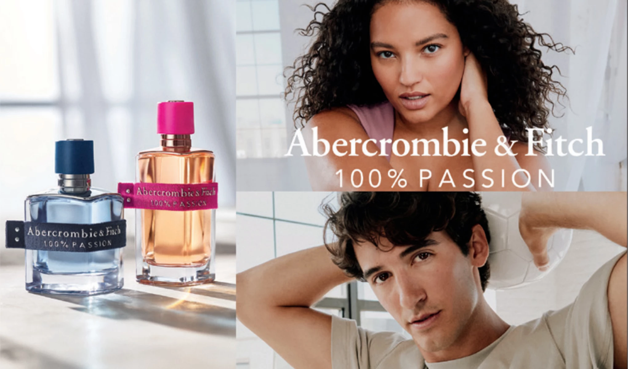 Kaksi Abercrombie & Fitch -hajuvesipulloa, joissa lukee "100% PASSION". Sininen pullo, jossa on tummansininen etiketti, ja oranssi pullo, jossa on vaaleanpunainen etiketti.