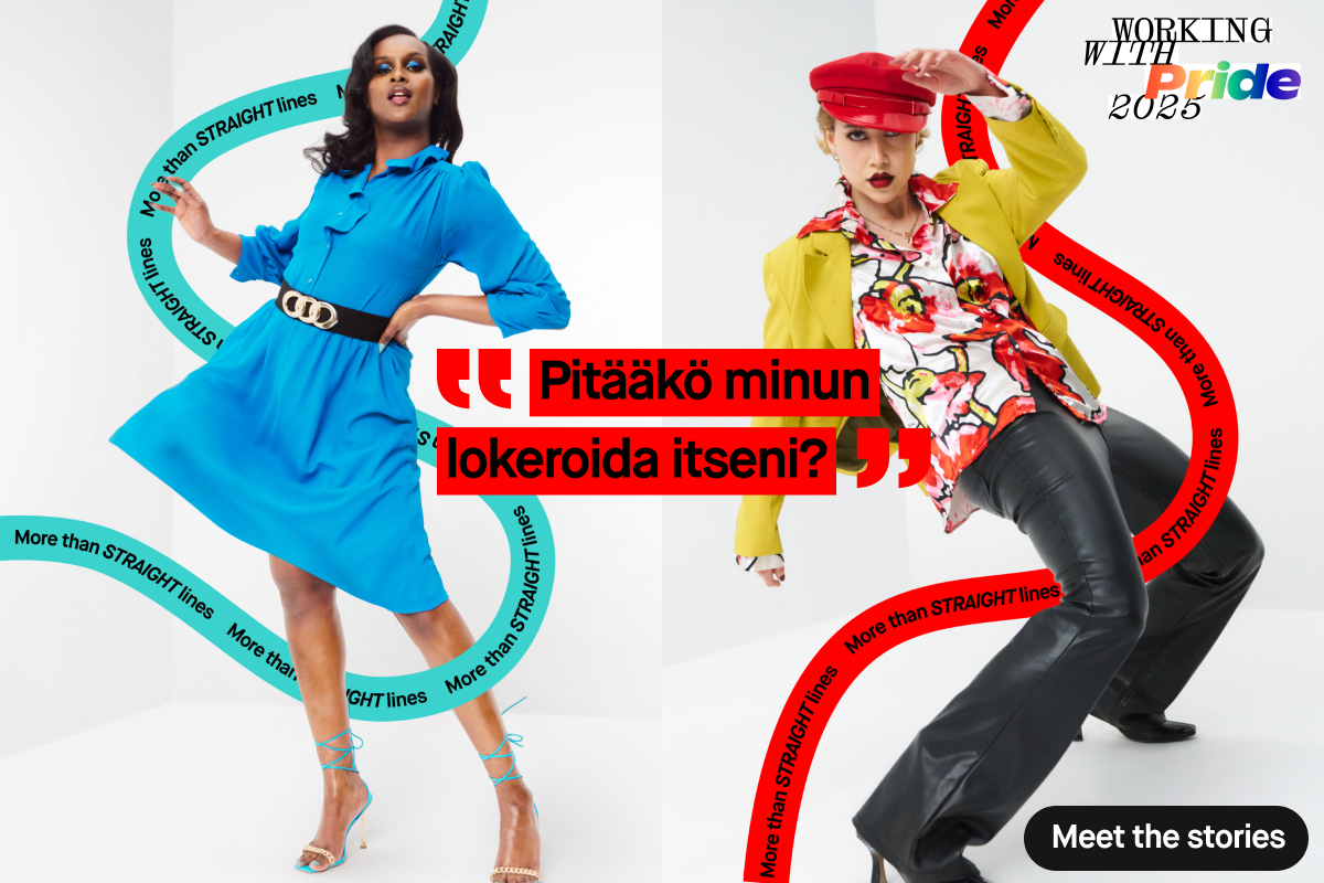 Kaksi henkilöä, jotka poseeraavat värikkäissä vaatteissa valkoista taustaa vasten. Kuvassa on teksti "WORKING WITH Pride 2025" ja "Pitääkö minun lokeroida itseni?". Värikkäitä viivoja, joissa lukee "More than STRAIGHT lines".