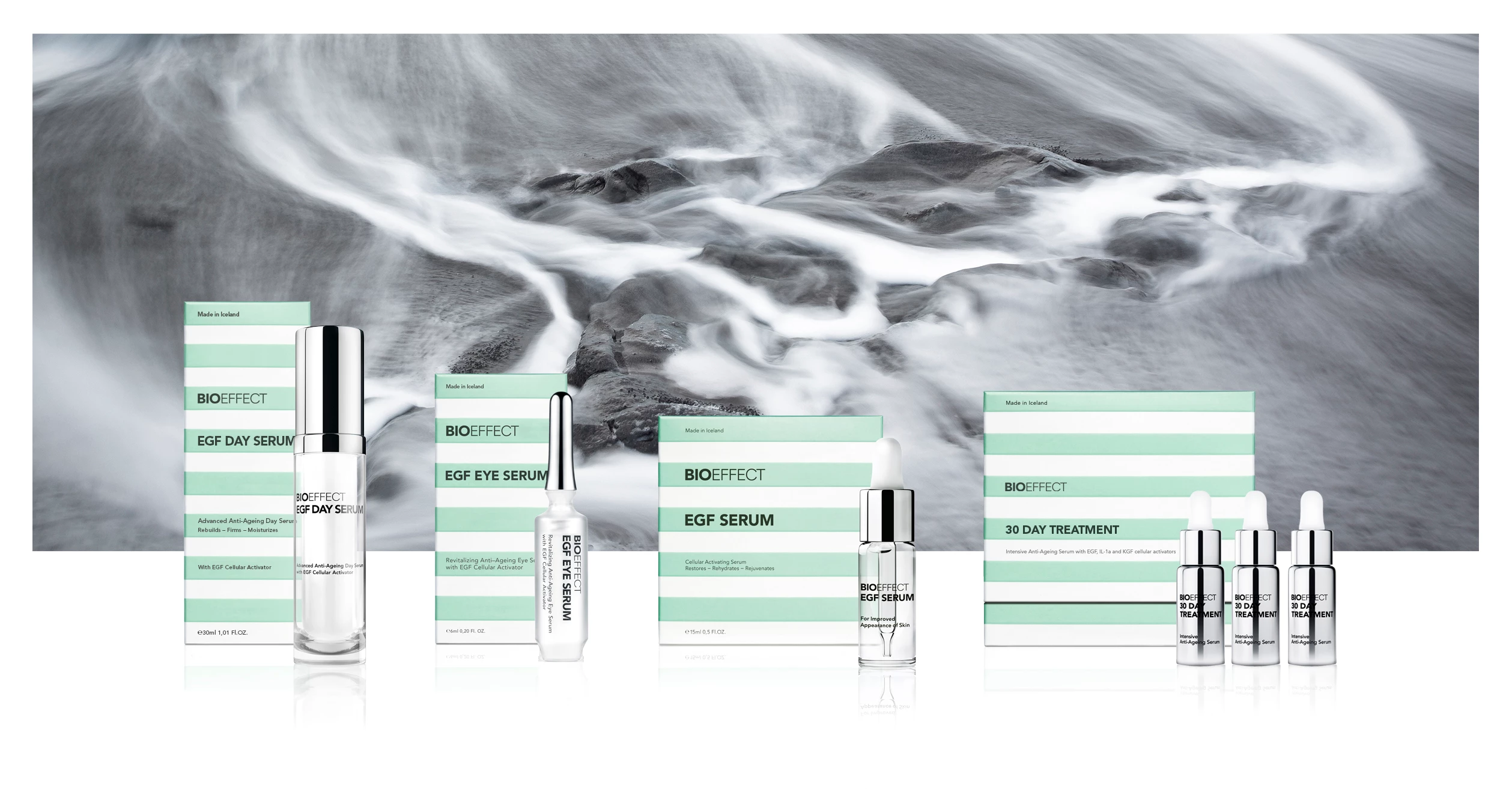 BIOEFFECT-ihonhoitotuotteet, mukaan lukien EGF Day Serum, EGF Eye Serum, EGF Serum ja 30 Day Treatment, sijoitettuna kivien päällä juoksevan veden taustalle. Pakkaus on valkoinen ja siinä on vihreitä raitoja.
