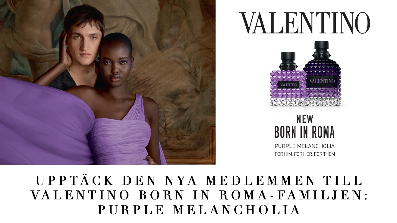Två modeller i lila kläder och två Valentino Born in Roma Purple Melancholia-parfymer.