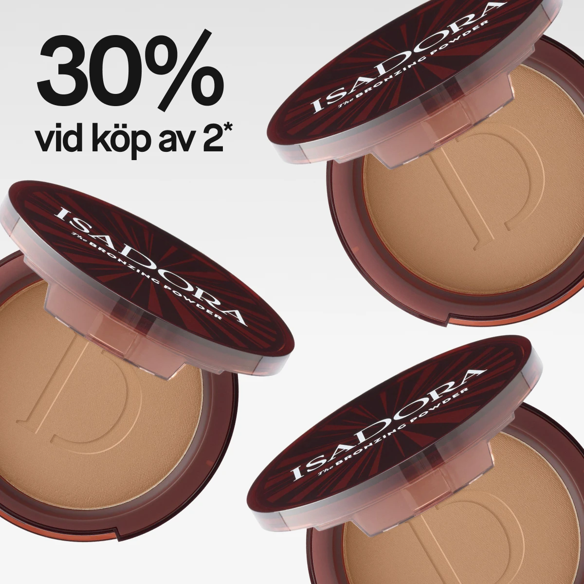 Bild som visar fyra brunpuder från IsaDora. Texten "30% vid köp av 2*" är synlig. Bakgrunden är vit.