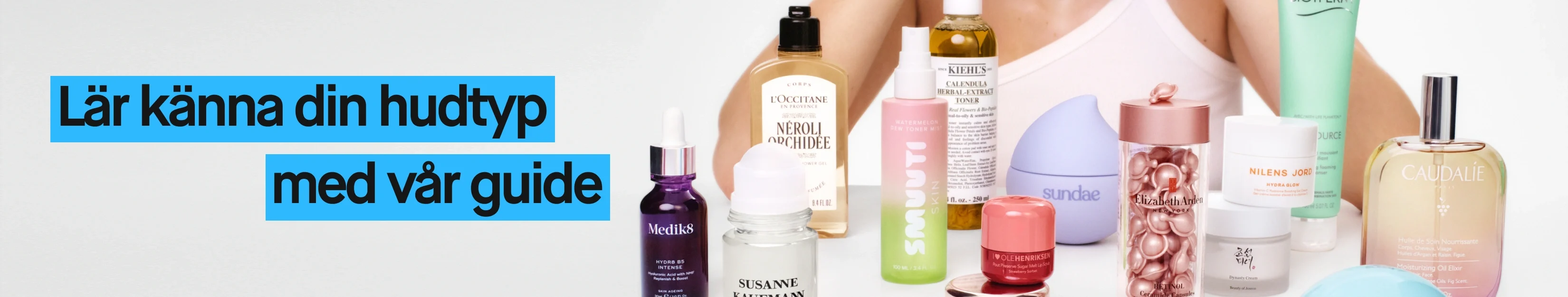 Flera hudvårdsprodukter från varumärken som Medik8, Susanne Kaufmann, Kiehl’s, Biotherm, Caudalie och Elizabeth Arden samt texten “Lär känna din hudtyp med vår guide”.