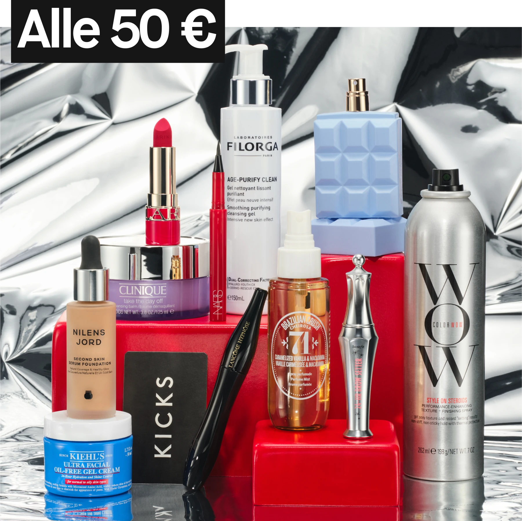 Tuotteita hopeista taustaa vasten tekstillä "alle 50 €"