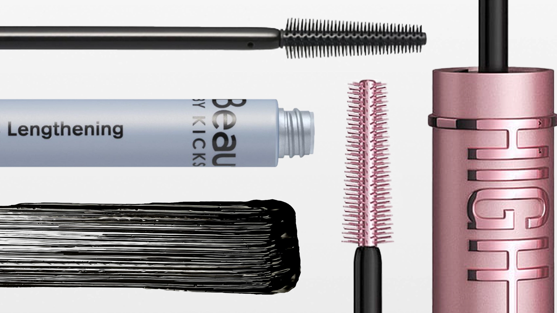Bilde som viser forskjellige maskara produkter. På bildet vises en svart maskara børste, en tube med teksten "Beauty Kicks Lengthening", en rosa maskara børste, en rosa tube med teksten "HIGH" og en svart maskara strek. Bildet er arrangert med produktene spredt på en hvit bakgrunn.