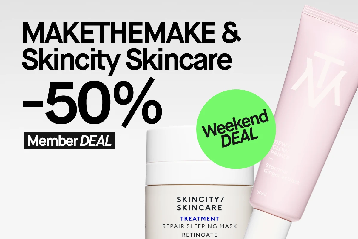 MAKE THE MAKE ja Skincity Skincare -ihonhoitotuotteet -50% alennuksella. Kuvassa Skincity Skincare Treatment Repair Sleeping Mask Retinoate ja MAKE THE MAKE Dewy Glow Primer. Weekend DEAL -tarra.