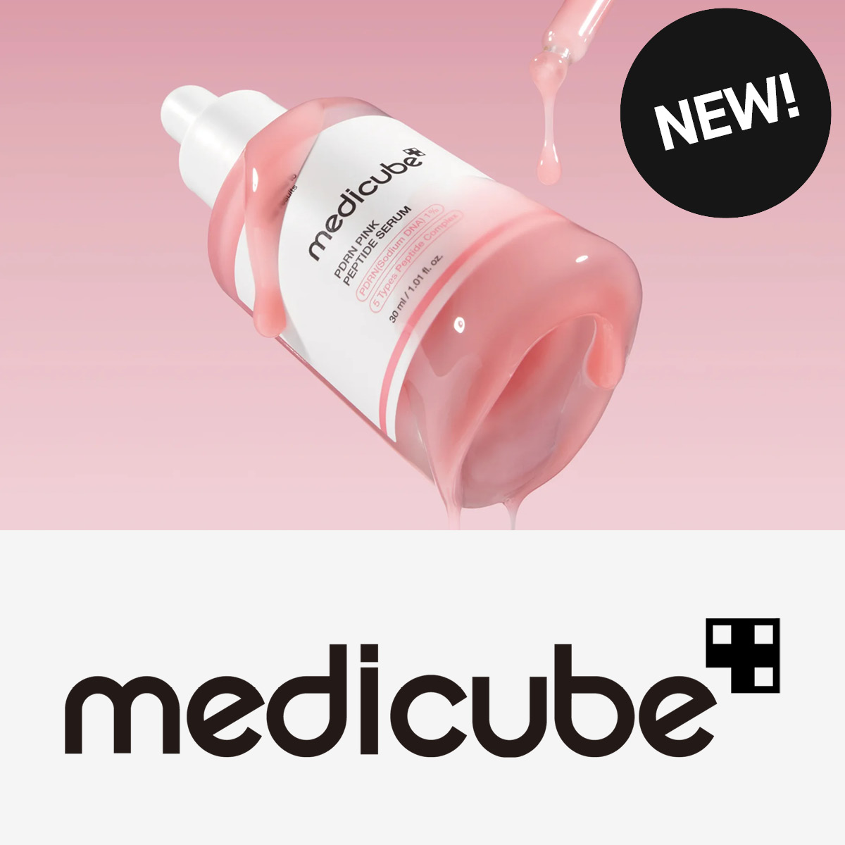 Medicube PDRN Pink Peptide Serum -seerumipulloja vaaleanpunaisella nesteellä.