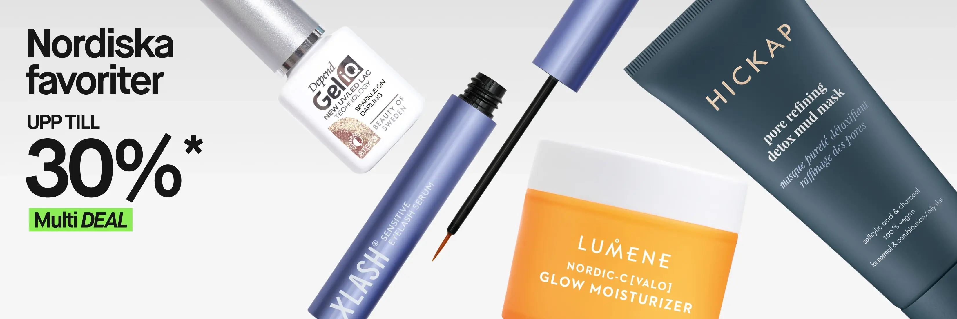Nordiska favoriter Multi DEAL: Upp till 30% rabatt. Skönhetsprodukter som nagellack, serum, fuktkräm och lermask.