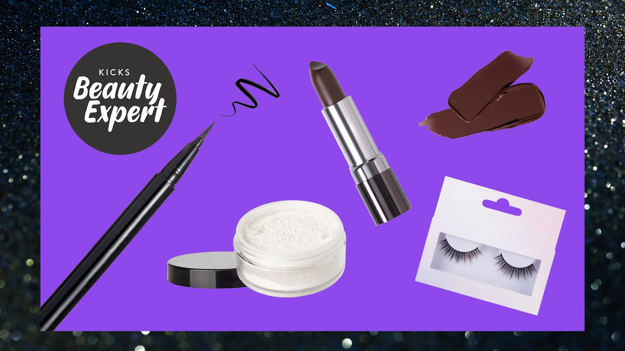Ulike makeup-produkter mot en lilla bakgrunn, med en svart, glitrende ramme.